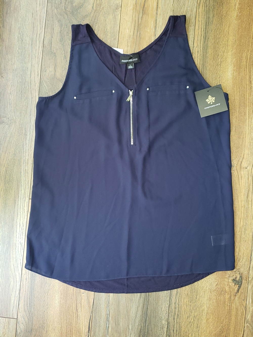 Fortune + Ivy Navy Sleeveless Zip-Front Long Tank